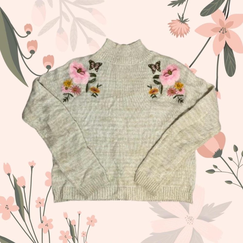 Cream Sweater With Butterflies and Flowers. size medium